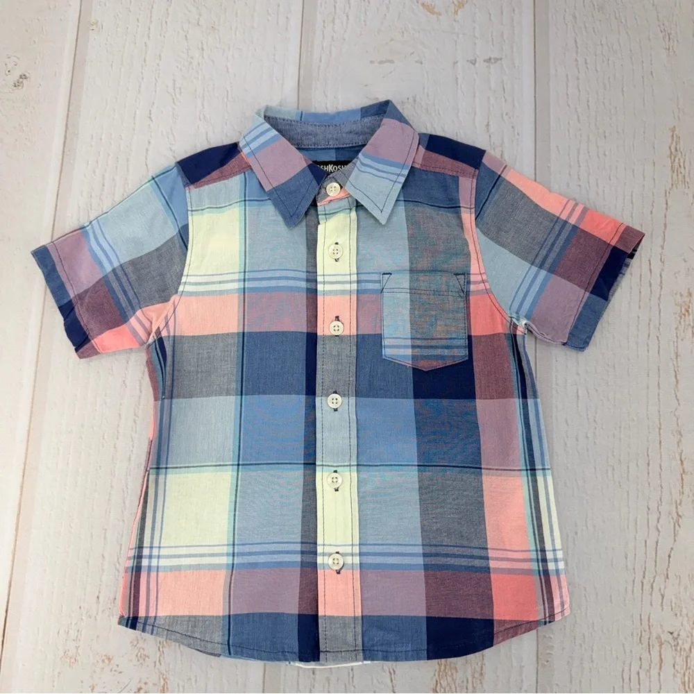 OshKosh Toddler Boy 3T Plaid‎ Button Up Shirt Blue Pink Short Sleeve